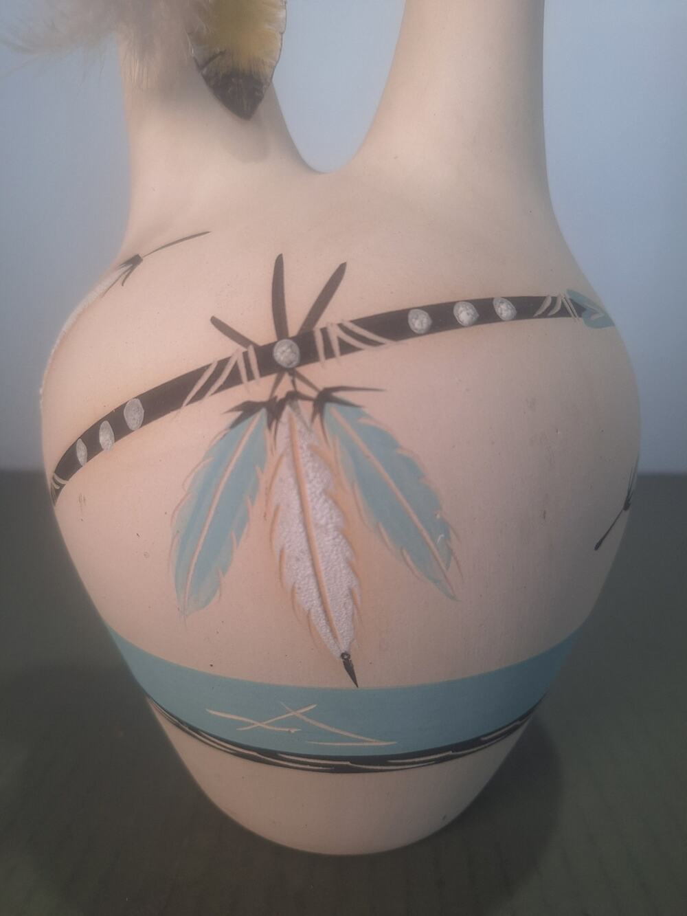Large "Little Blue" Pottery Wedding Vase Style Double Spout Feather Design 14"